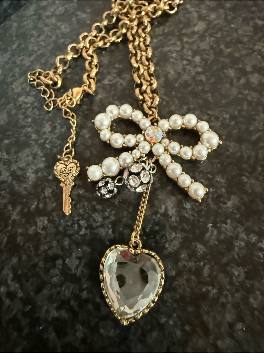 Betsey Johnson Gold-Tone Pearl Bow Necklace with Crystal Heart Pendant